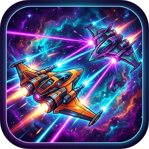 Starsunder app icon: an orange fighter ship and a grey-purple ship exchanging cyan and magenta laser fire over a purple nebula.